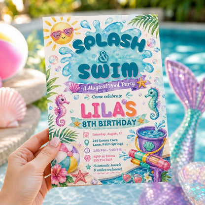 Editable Pool Birthday Invitation Canva Template, Boys Teens Pool Cute Modern Fun Themed DIY Sweet Party Invite, Printable Digital Download.