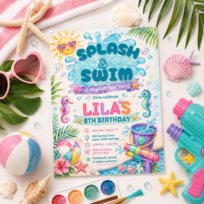 Editable Pool Birthday Invitation Canva Template, Boys Teens Pool Cute Modern Fun Themed DIY Sweet Party Invite, Printable Digital Download.