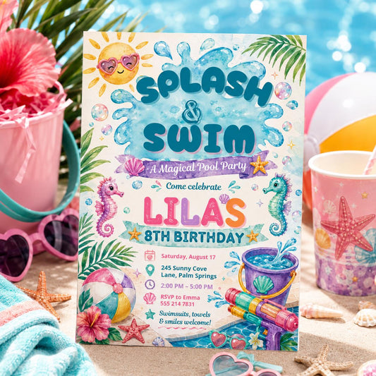 Editable Pool Birthday Invitation Canva Template, Boys Teens Pool Cute Modern Fun Themed DIY Sweet Party Invite, Printable Digital Download.
