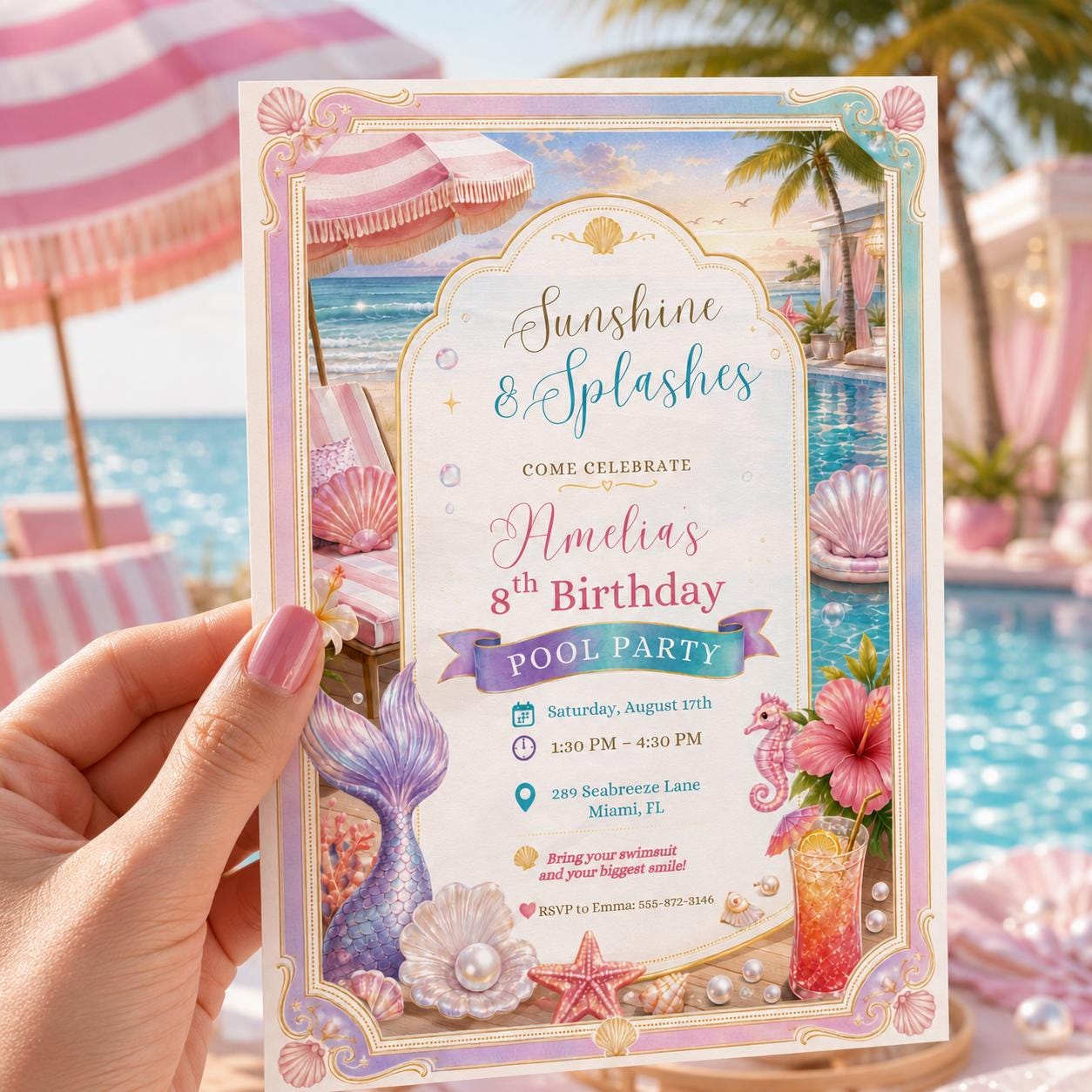 Editable Mermaid Birthday Invitation Canva Template, Girls Kids Pool Cute Modern Fun DIY Chic Teen Party Invite, Printable Digital Download.