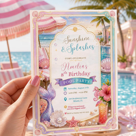 Editable Mermaid Birthday Invitation Canva Template, Girls Kids Pool Cute Modern Fun DIY Chic Teen Party Invite, Printable Digital Download.