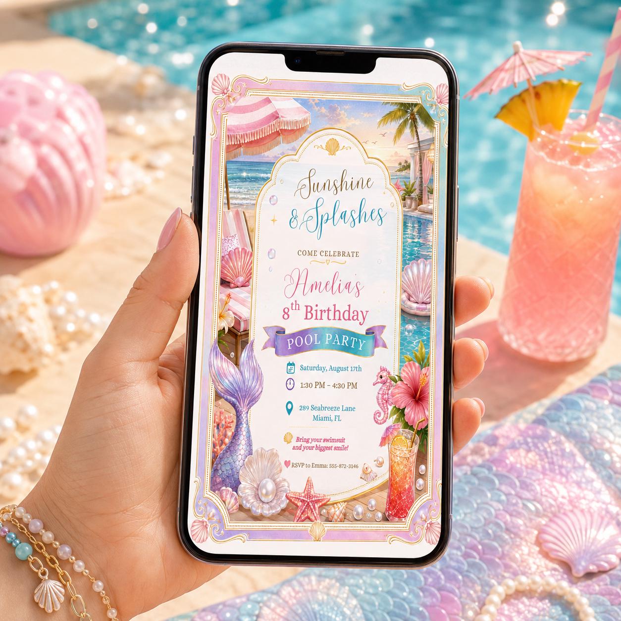 Editable Mermaid Birthday Invitation Canva Template, Girls Kids Pool Cute Modern Fun DIY Chic Teen Party Invite, Printable Digital Download.