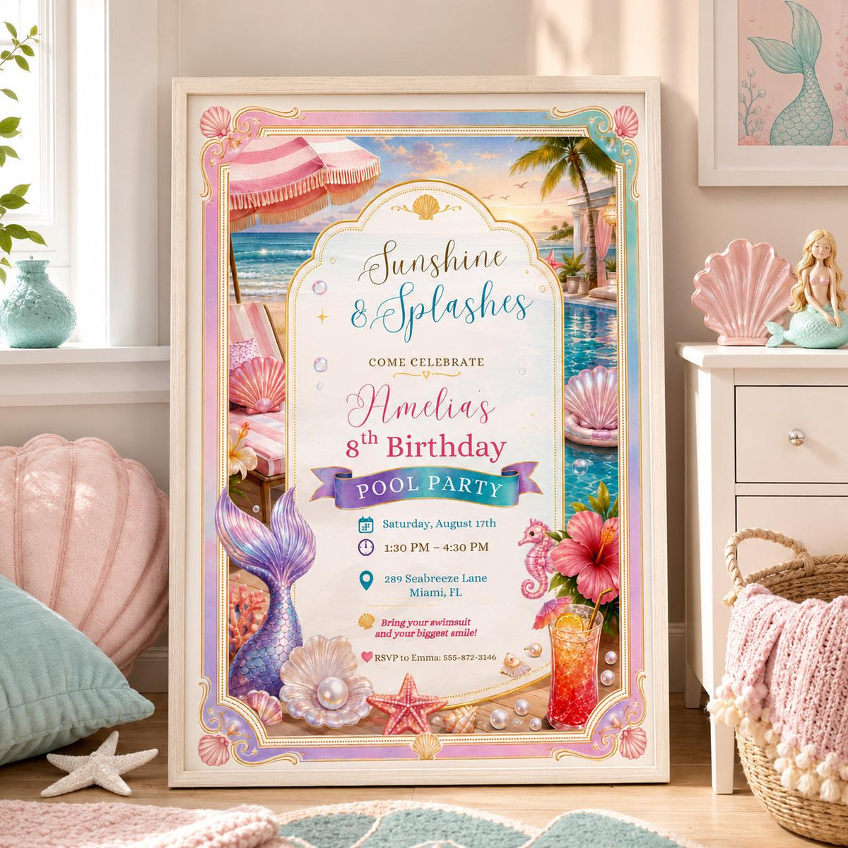 Editable Mermaid Birthday Invitation Canva Template, Girls Kids Pool Cute Modern Fun DIY Chic Teen Party Invite, Printable Digital Download.