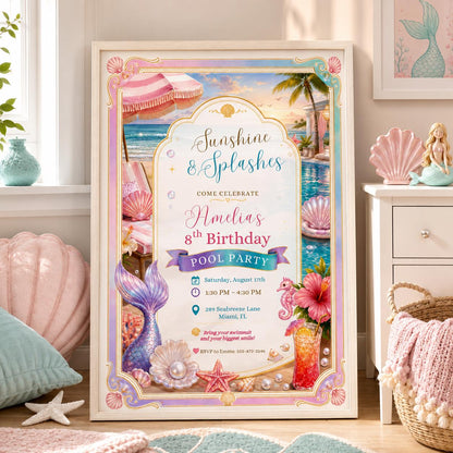 Editable Mermaid Birthday Invitation Canva Template, Girls Kids Pool Cute Modern Fun DIY Chic Teen Party Invite, Printable Digital Download.