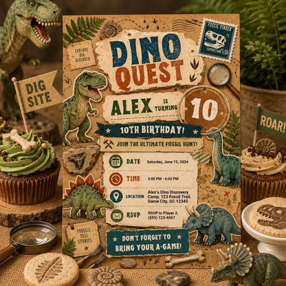 Editable Dinosaur Birthday Invitation Canva Template, Boys Kids Dino Cute Modern Fun DIY Chic Teen Party Invite, Printable Digital Download.
