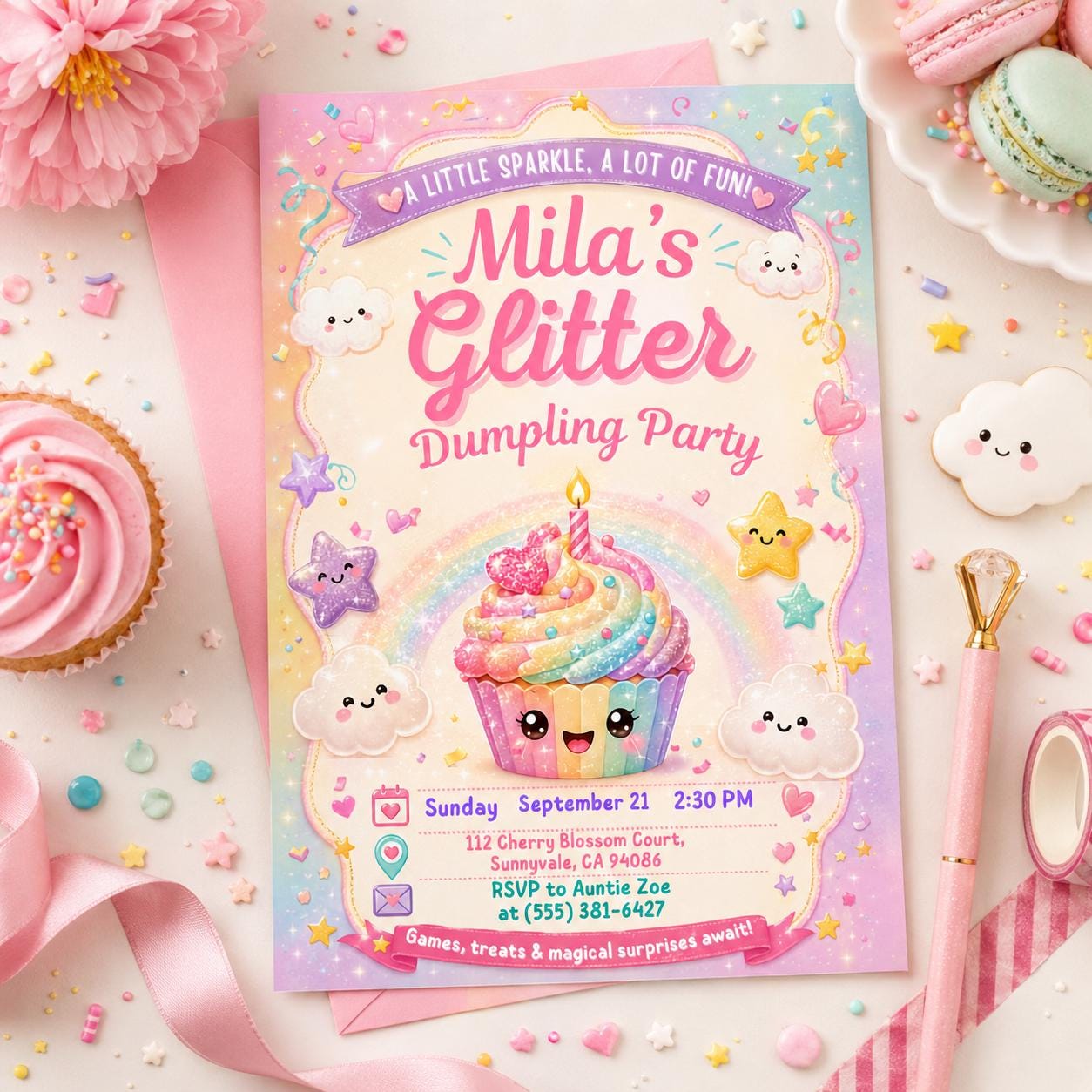 Editable Glitter Dumpling Birthday Invitation Canva Template, Trendy Girls Kids Cute Fun DIY Sweet Party Invite, Printable Digital Download.