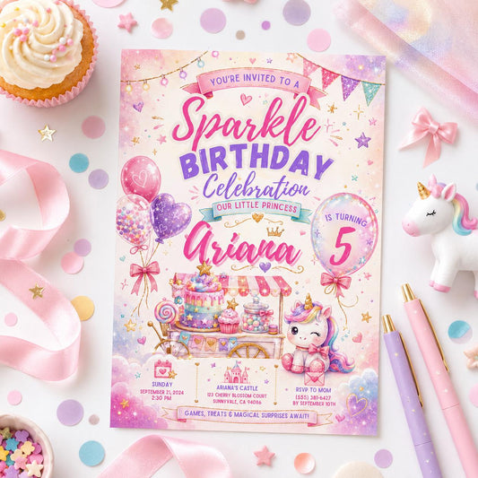 Editable Glitter Dumpling Birthday Invitation Canva Template, Trendy Girls Kids Cute Fun DIY Sweet Party Invite, Printable Digital Download.