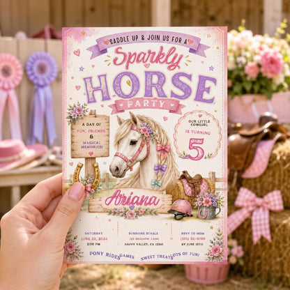 Editable Horse Riding Birthday Invitation Canva Template, Boho Floral Girls Kids Cute Fun DIY Chic Party Invite, Printable Digital Download.