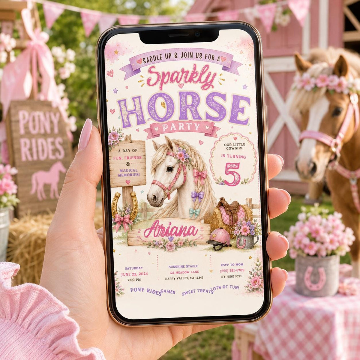Editable Horse Riding Birthday Invitation Canva Template, Boho Floral Girls Kids Cute Fun DIY Chic Party Invite, Printable Digital Download.