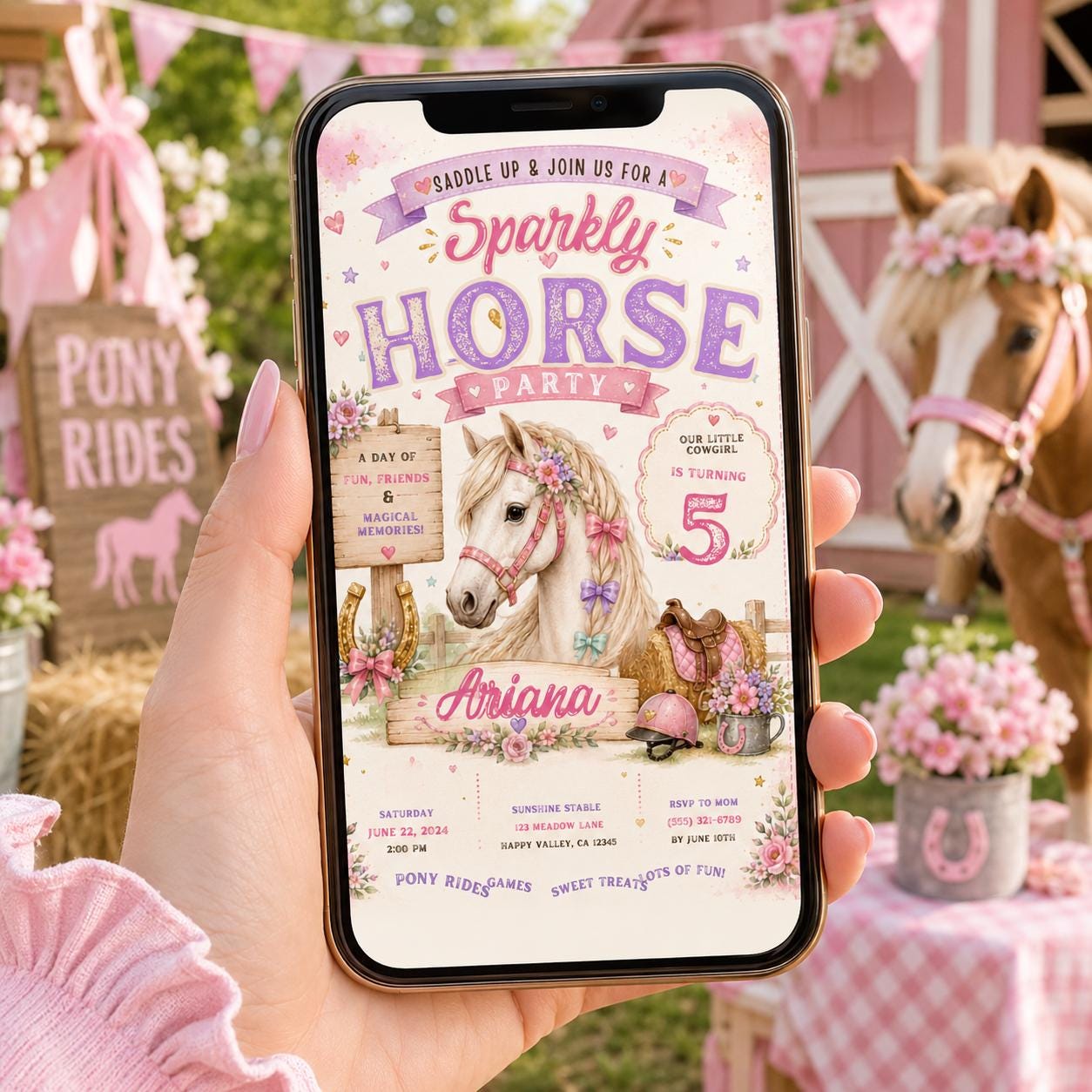Editable Horse Riding Birthday Invitation Canva Template, Boho Floral Girls Kids Cute Fun DIY Chic Party Invite, Printable Digital Download.