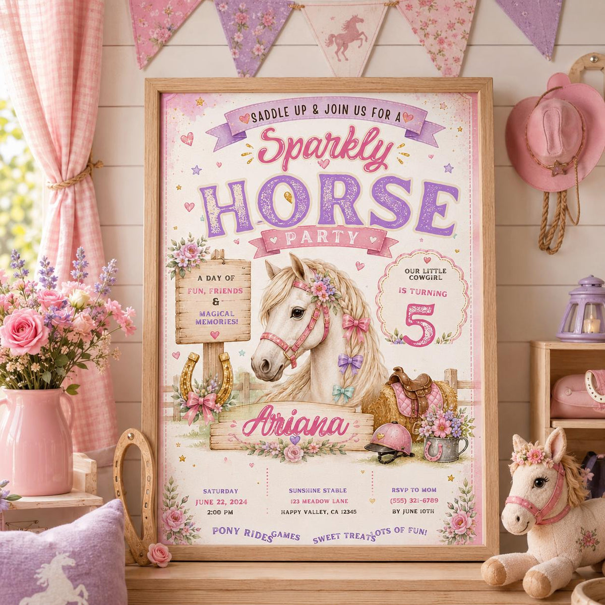 Editable Horse Riding Birthday Invitation Canva Template, Boho Floral Girls Kids Cute Fun DIY Chic Party Invite, Printable Digital Download.