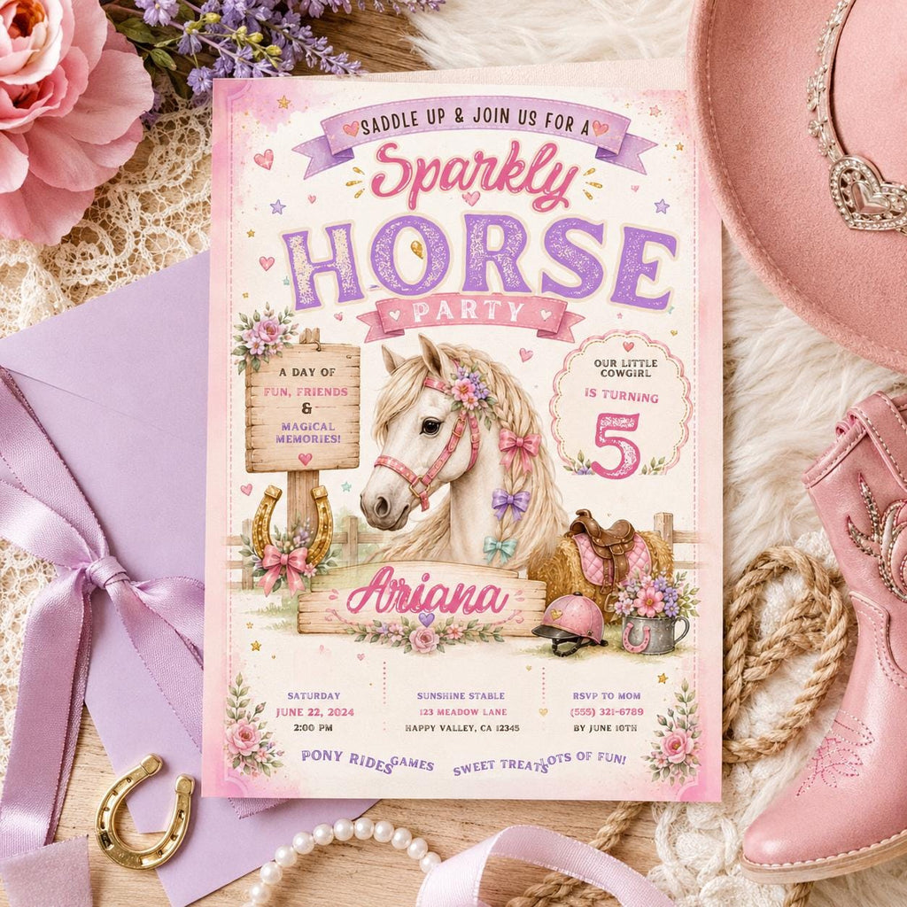 Editable Horse Riding Birthday Invitation Canva Template, Boho Floral Girls Kids Cute Fun DIY Chic Party Invite, Printable Digital Download.