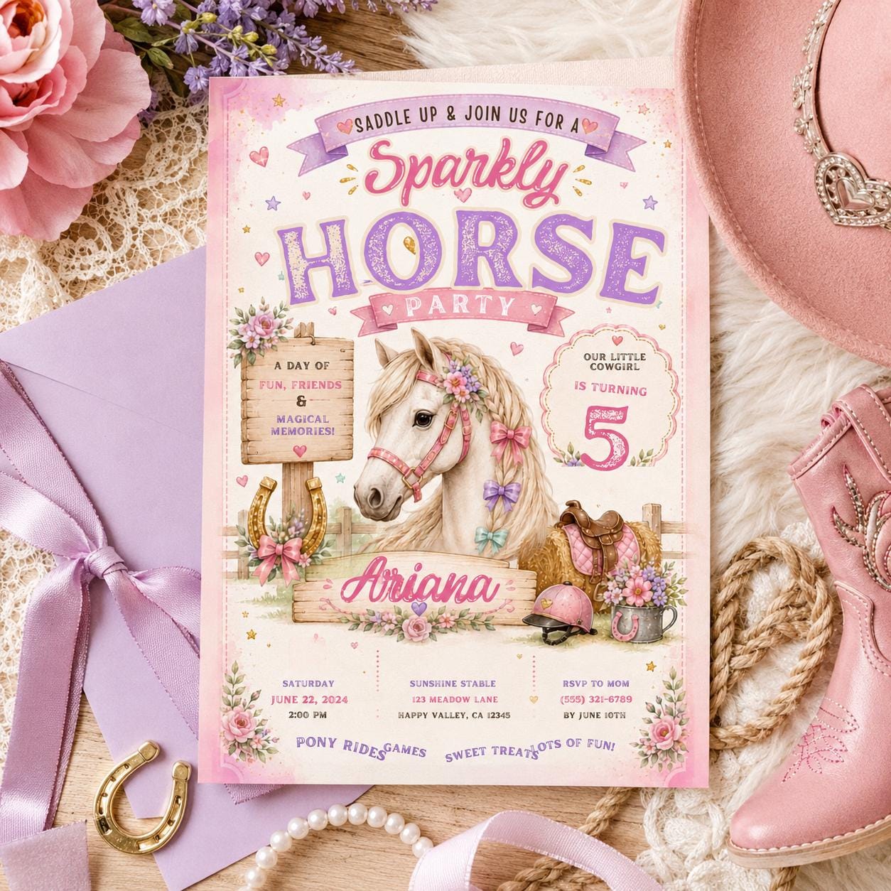 Editable Horse Riding Birthday Invitation Canva Template, Boho Floral Girls Kids Cute Fun DIY Chic Party Invite, Printable Digital Download.
