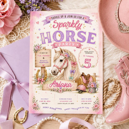 Editable Horse Riding Birthday Invitation Canva Template, Boho Floral Girls Kids Cute Fun DIY Chic Party Invite, Printable Digital Download.