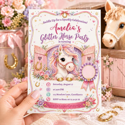 Editable Horse Riding Birthday Invitation Canva Template, Boho Floral Girls Kids Cute Fun DIY Chic Party Invite, Printable Digital Download.