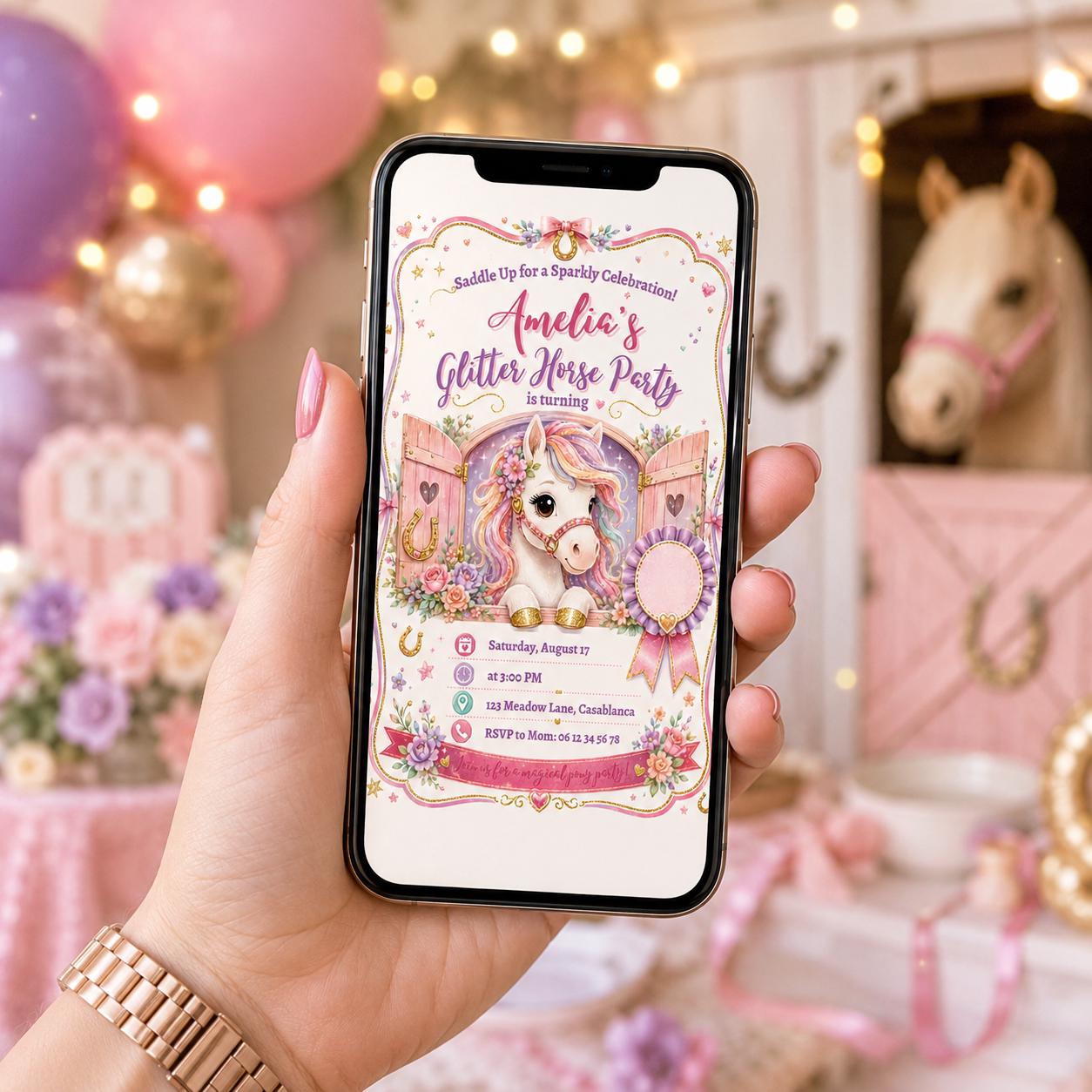 Editable Horse Riding Birthday Invitation Canva Template, Boho Floral Girls Kids Cute Fun DIY Chic Party Invite, Printable Digital Download.