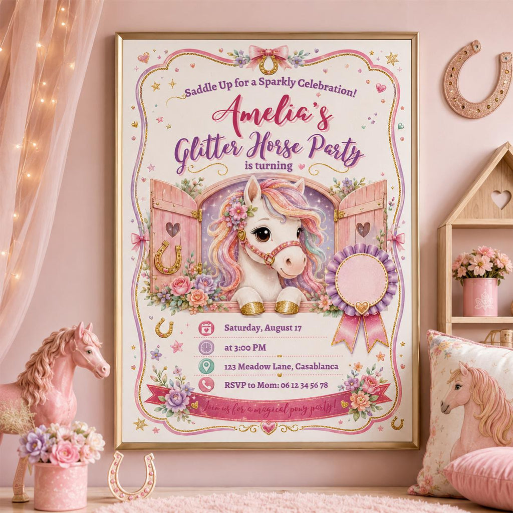 Editable Horse Riding Birthday Invitation Canva Template, Boho Floral Girls Kids Cute Fun DIY Chic Party Invite, Printable Digital Download.