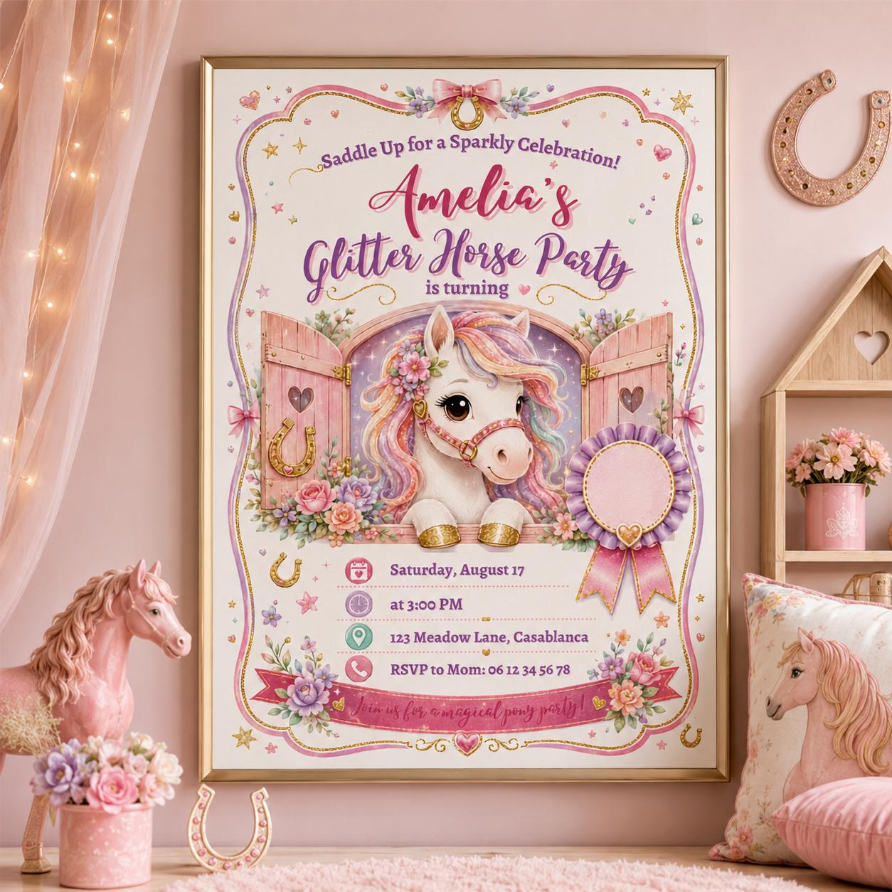 Editable Horse Riding Birthday Invitation Canva Template, Boho Floral Girls Kids Cute Fun DIY Chic Party Invite, Printable Digital Download.