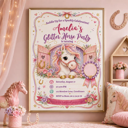 Editable Horse Riding Birthday Invitation Canva Template, Boho Floral Girls Kids Cute Fun DIY Chic Party Invite, Printable Digital Download.