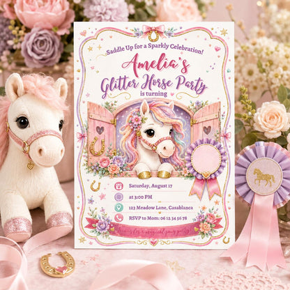 Editable Horse Riding Birthday Invitation Canva Template, Boho Floral Girls Kids Cute Fun DIY Chic Party Invite, Printable Digital Download.