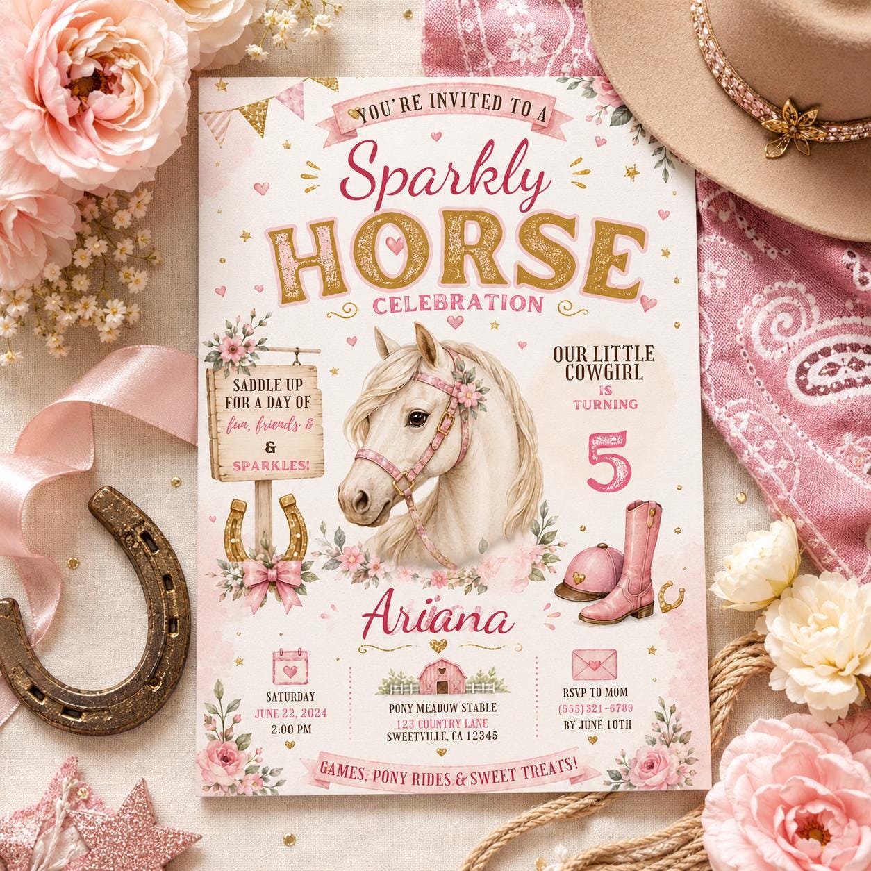 Editable Horse Riding Birthday Invitation Canva Template, Boho Floral Girls Kids Cute Fun DIY Chic Party Invite, Printable Digital Download.