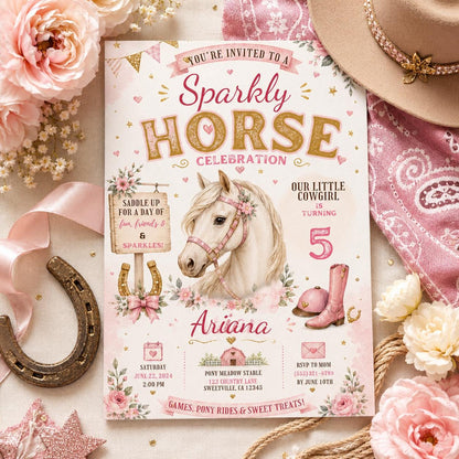 Editable Horse Riding Birthday Invitation Canva Template, Boho Floral Girls Kids Cute Fun DIY Chic Party Invite, Printable Digital Download.