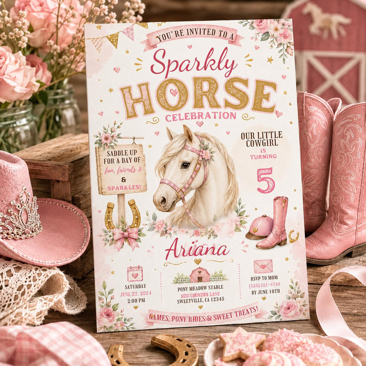 Editable Horse Riding Birthday Invitation Canva Template, Boho Floral Girls Kids Cute Fun DIY Chic Party Invite, Printable Digital Download.