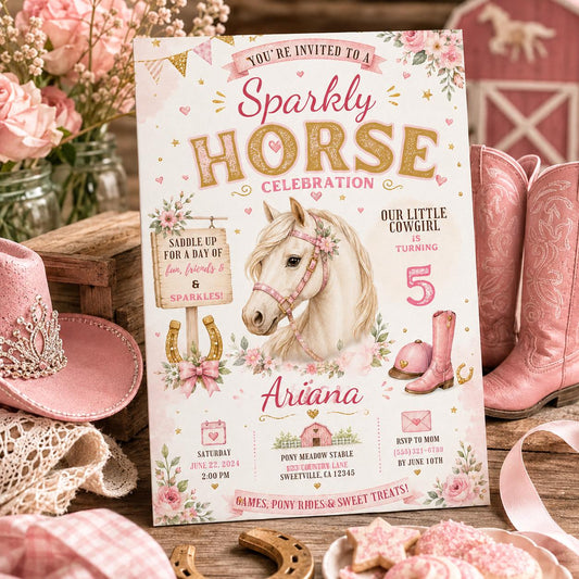 Editable Horse Riding Birthday Invitation Canva Template, Boho Floral Girls Kids Cute Fun DIY Chic Party Invite, Printable Digital Download.
