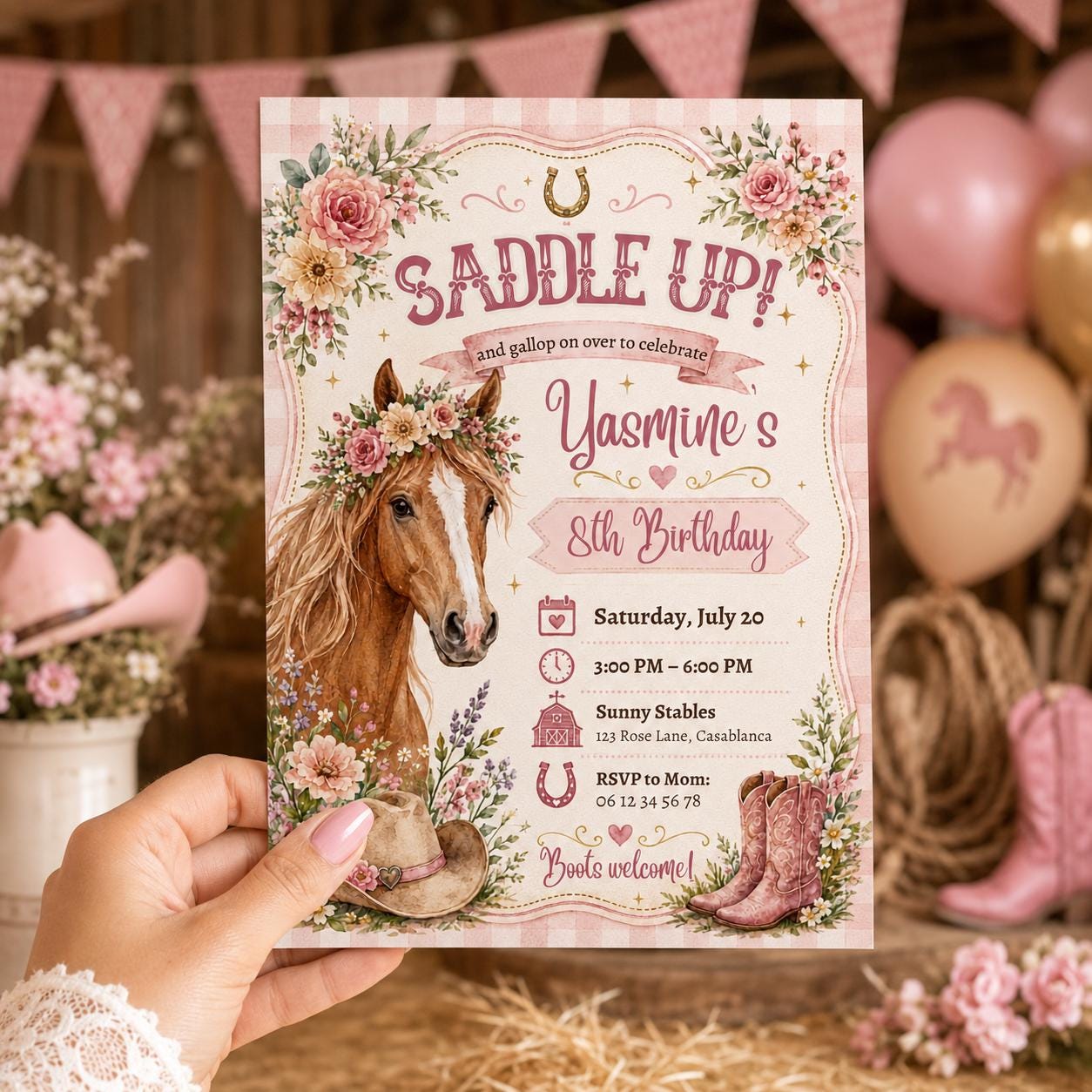 Editable Horse Riding Birthday Invitation Canva Template, Boho Floral Girls Kids Cute Fun DIY Chic Party Invite, Printable Digital Download.