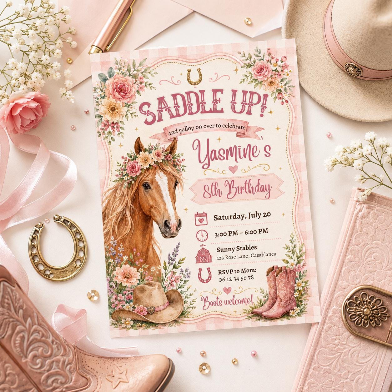 Editable Horse Riding Birthday Invitation Canva Template, Boho Floral Girls Kids Cute Fun DIY Chic Party Invite, Printable Digital Download.