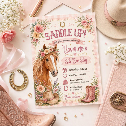 Editable Horse Riding Birthday Invitation Canva Template, Boho Floral Girls Kids Cute Fun DIY Chic Party Invite, Printable Digital Download.