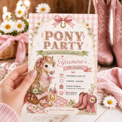 Editable Horse Riding Birthday Invitation Canva Template, Boho Floral Girls Kids Cute Fun DIY Chic Party Invite, Printable Digital Download.