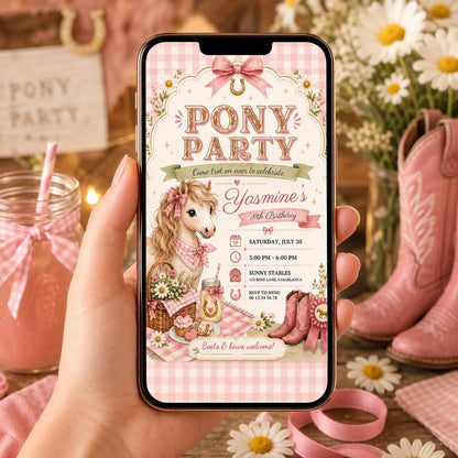 Editable Horse Riding Birthday Invitation Canva Template, Boho Floral Girls Kids Cute Fun DIY Chic Party Invite, Printable Digital Download.