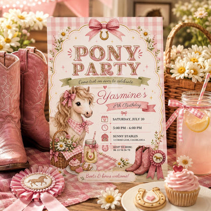 Editable Horse Riding Birthday Invitation Canva Template, Boho Floral Girls Kids Cute Fun DIY Chic Party Invite, Printable Digital Download.
