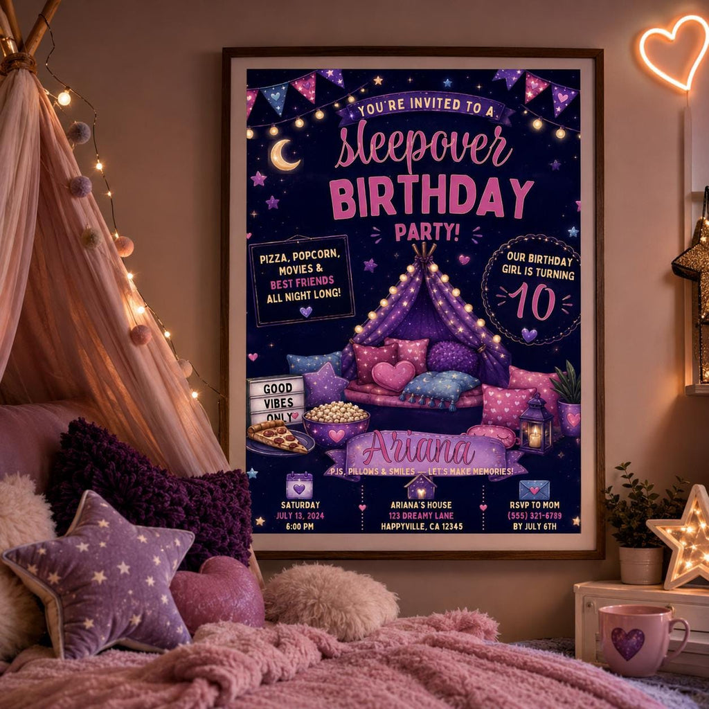 Editable Sleepover Birthday Invitation Canva Template, Girls Kids Teens Cute Modern Fun Themed DIY Party Invite, Printable Digital Download.