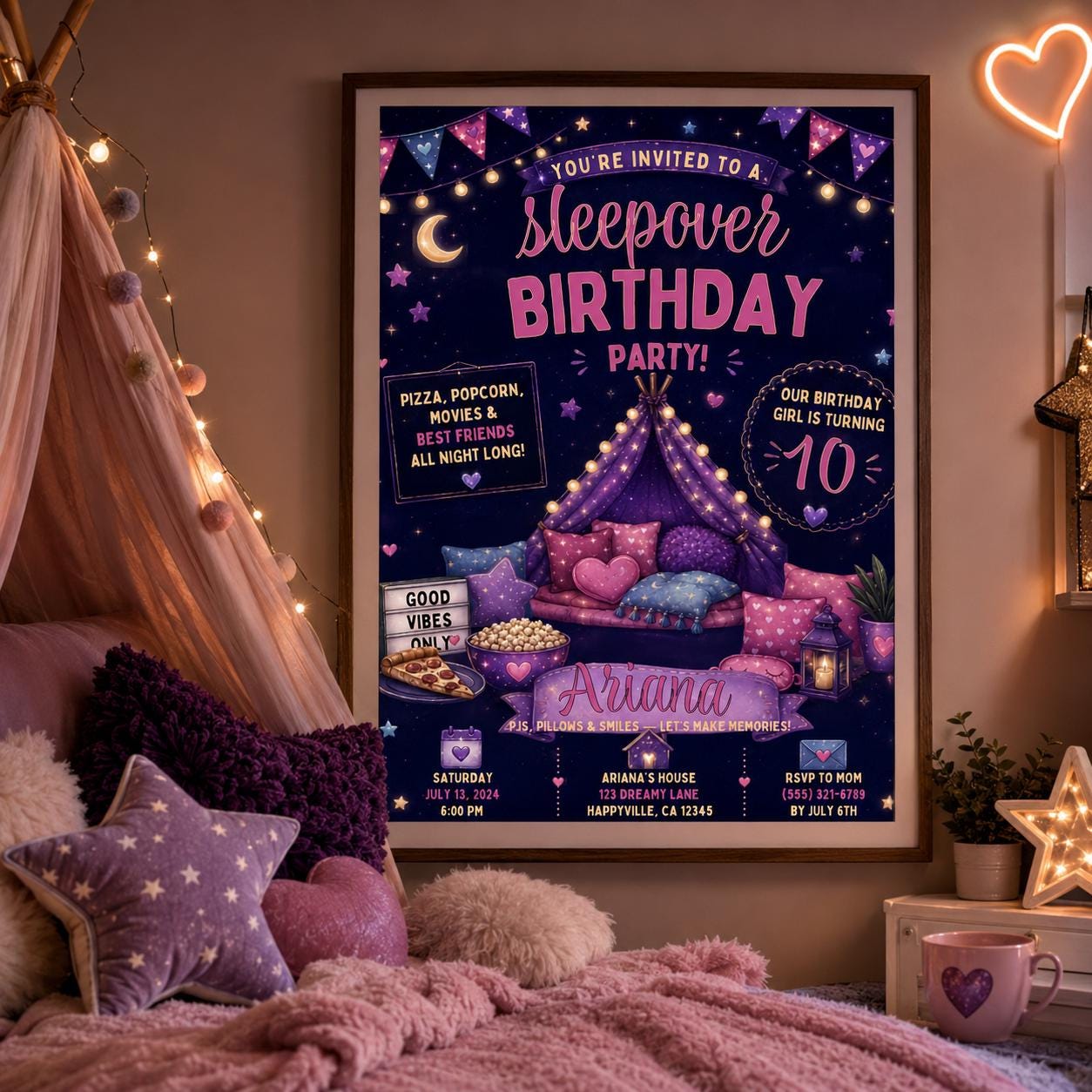 Editable Sleepover Birthday Invitation Canva Template, Girls Kids Teens Cute Modern Fun Themed DIY Party Invite, Printable Digital Download.