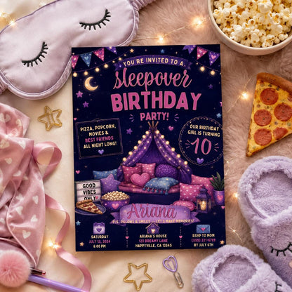 Editable Sleepover Birthday Invitation Canva Template, Girls Kids Teens Cute Modern Fun Themed DIY Party Invite, Printable Digital Download.