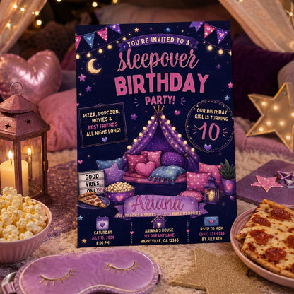 Editable Sleepover Birthday Invitation Canva Template, Girls Kids Teens Cute Modern Fun Themed DIY Party Invite, Printable Digital Download.