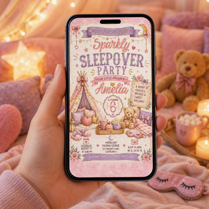 Editable Sleepover Birthday Invitation Canva Template, Girls Slumber Pajama Party Invite for Kids, Tweens, Teens, Printable Digital Download