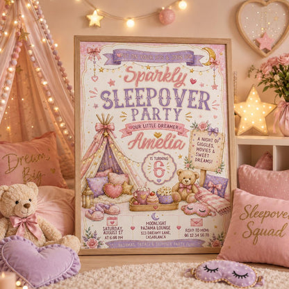 Editable Sleepover Birthday Invitation Canva Template, Girls Slumber Pajama Party Invite for Kids, Tweens, Teens, Printable Digital Download