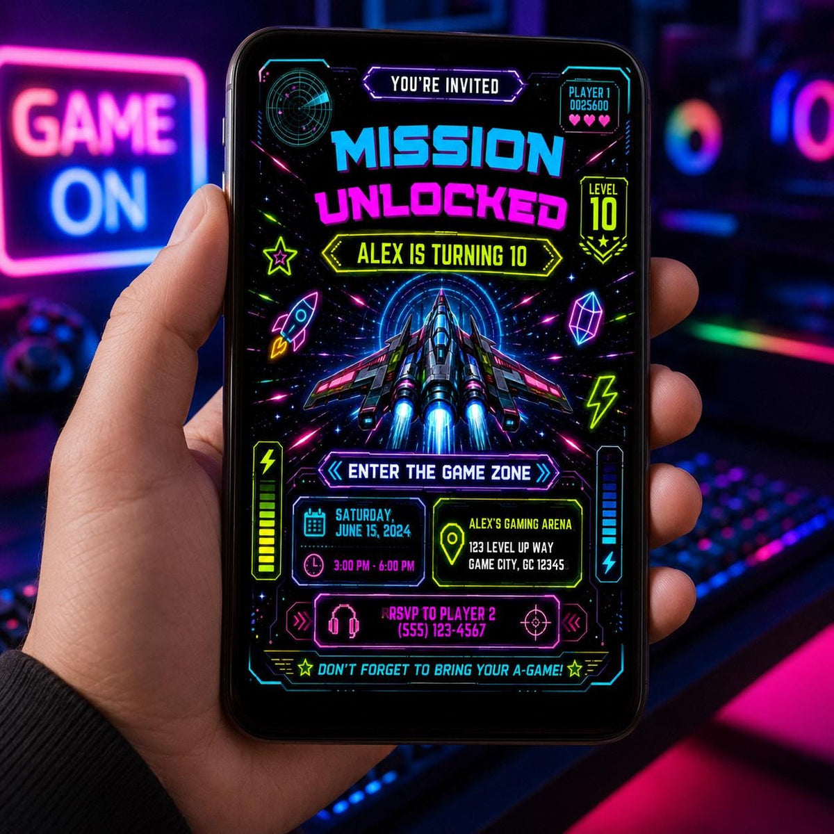 Editable Neon Glow Birthday Invitation Canva Template, Boys Teens Neon Cute Fun DIY Chic Kids Teen Party Invite, Printable Digital Download.