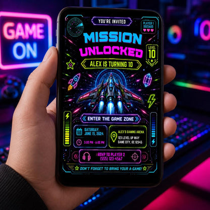 Editable Neon Glow Birthday Invitation Canva Template, Boys Teens Neon Cute Fun DIY Chic Kids Teen Party Invite, Printable Digital Download.