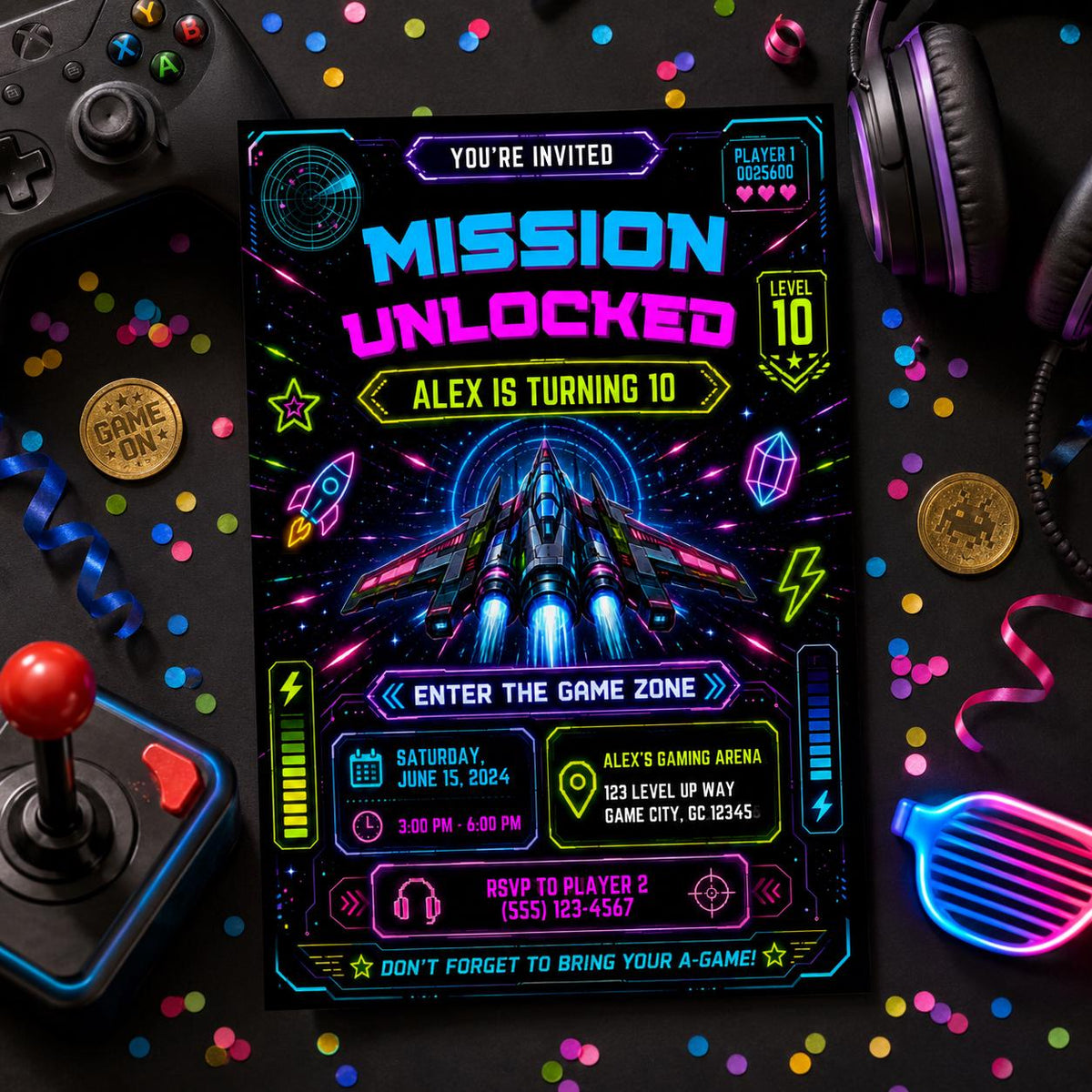 Editable Neon Glow Birthday Invitation Canva Template, Boys Teens Neon Cute Fun DIY Chic Kids Teen Party Invite, Printable Digital Download.
