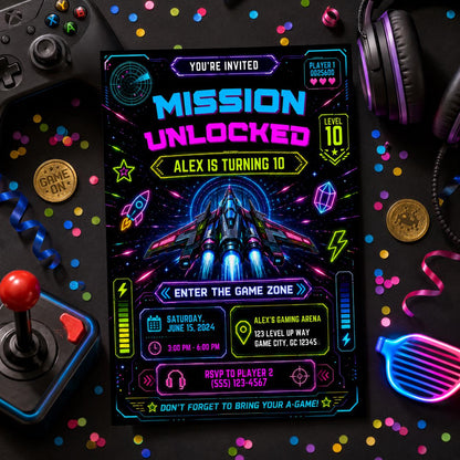 Editable Neon Glow Birthday Invitation Canva Template, Boys Teens Neon Cute Fun DIY Chic Kids Teen Party Invite, Printable Digital Download.