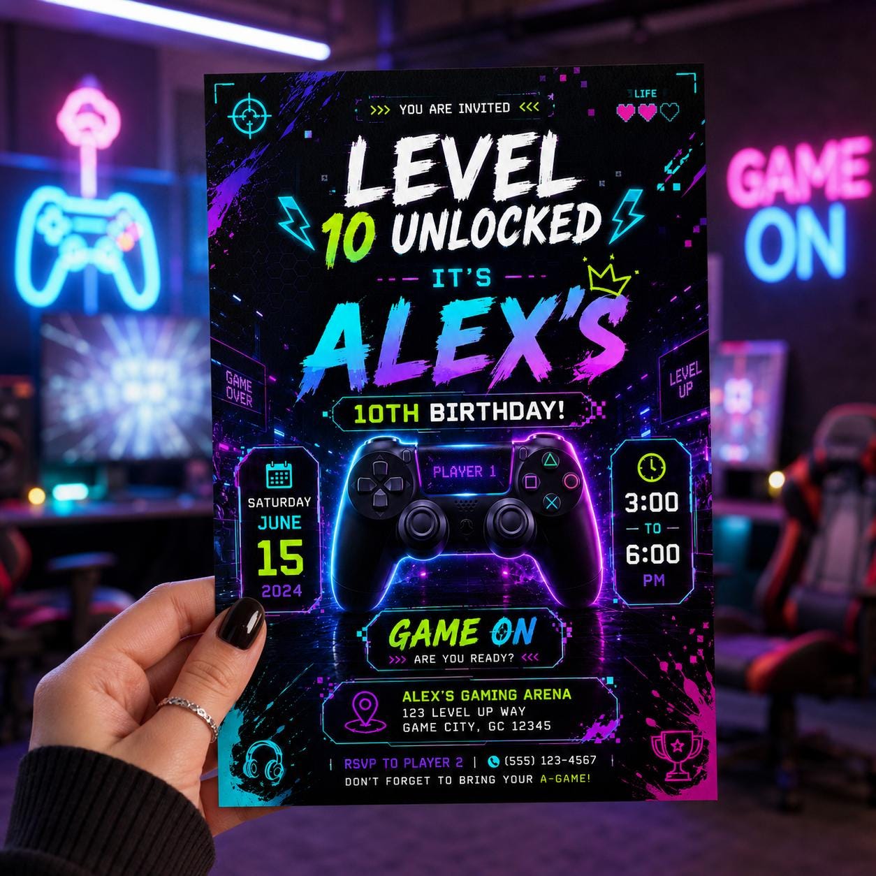 Editable Neon Glow Birthday Invitation Canva Template, Boys Teens Neon Cute Fun DIY Chic Kids Teen Party Invite, Printable Digital Download.