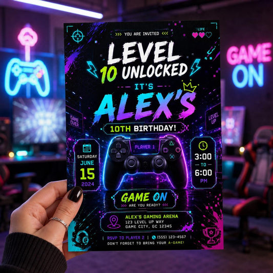 Editable Neon Glow Birthday Invitation Canva Template, Boys Teens Neon Cute Fun DIY Chic Kids Teen Party Invite, Printable Digital Download.
