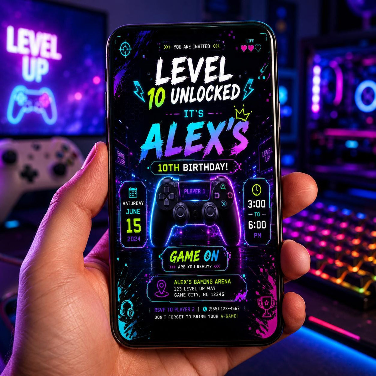 Editable Neon Glow Birthday Invitation Canva Template, Boys Teens Neon Cute Fun DIY Chic Kids Teen Party Invite, Printable Digital Download.