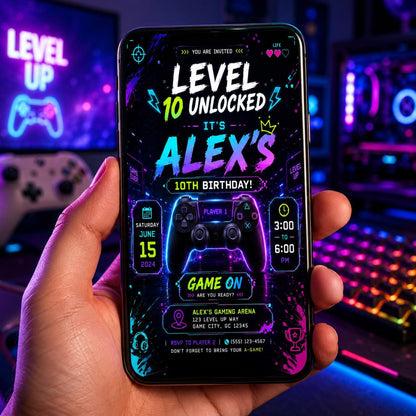 Editable Neon Glow Birthday Invitation Canva Template, Boys Teens Neon Cute Fun DIY Chic Kids Teen Party Invite, Printable Digital Download.