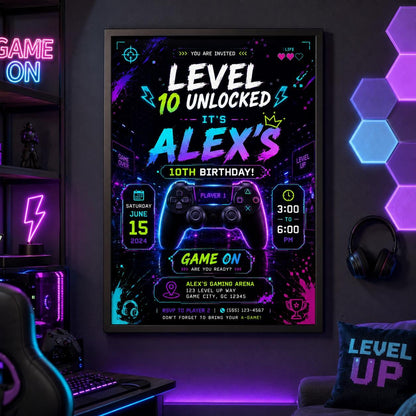 Editable Neon Glow Birthday Invitation Canva Template, Boys Teens Neon Cute Fun DIY Chic Kids Teen Party Invite, Printable Digital Download.