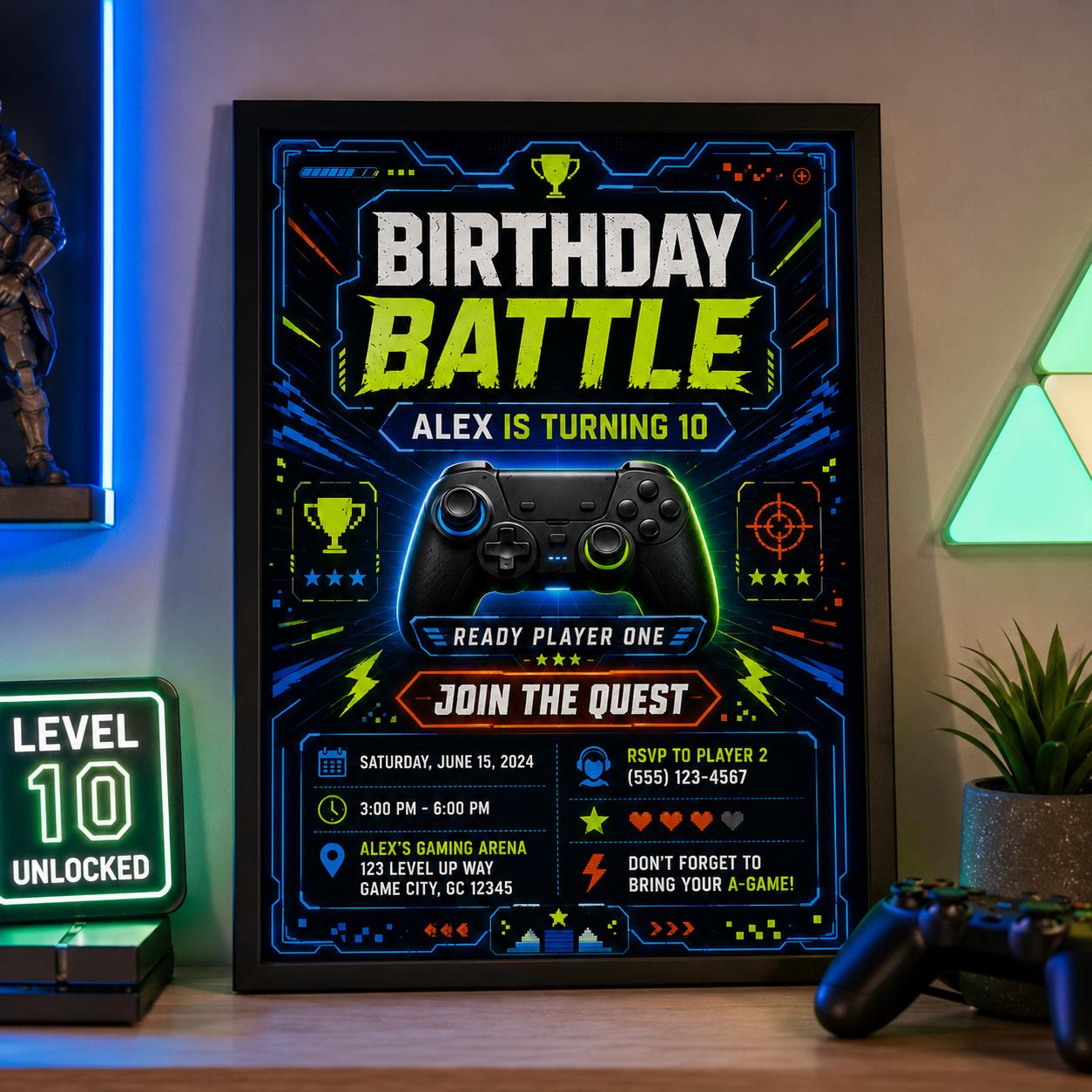 Editable Neon Glow Birthday Invitation Canva Template, Boys Teens Neon Cute Fun DIY Chic Kids Teen Party Invite, Printable Digital Download.